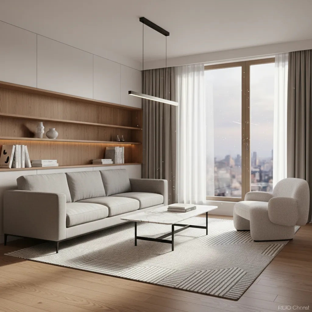 Stylish compact apartment living room with minimalist luxury furniture
