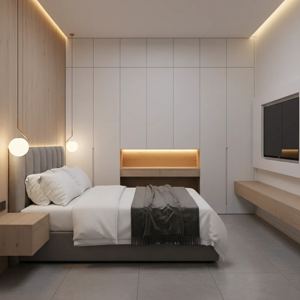Compact luxury hotel room with built in storage and floating furniture