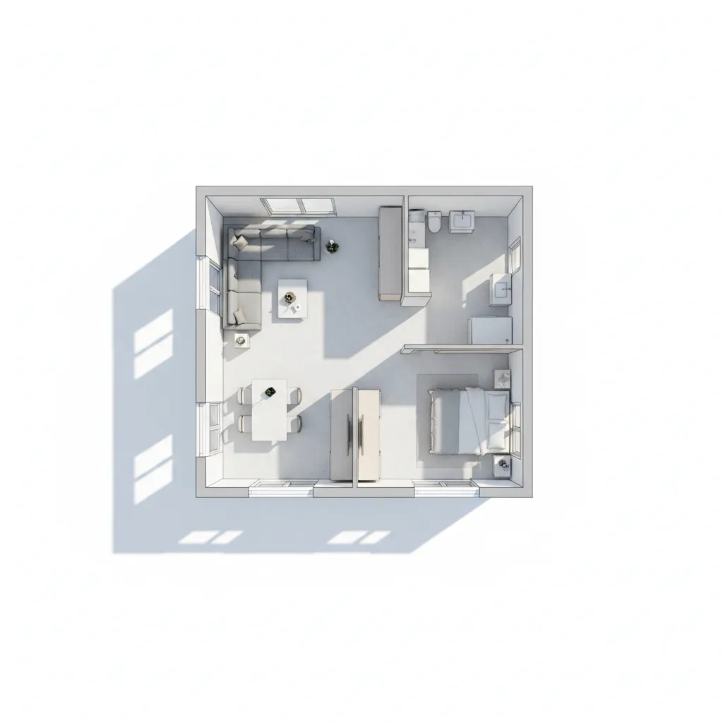 Plano moderno de una casa pequeña con distribución eficiente