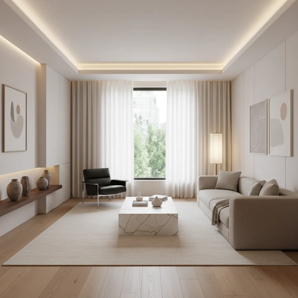 Salón pequeño de estilo lujoso con muebles minimalistas y materiales naturales