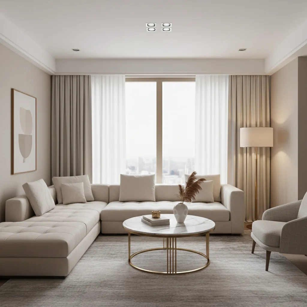 elegant small luxury living room with marble table and soft neutral tones