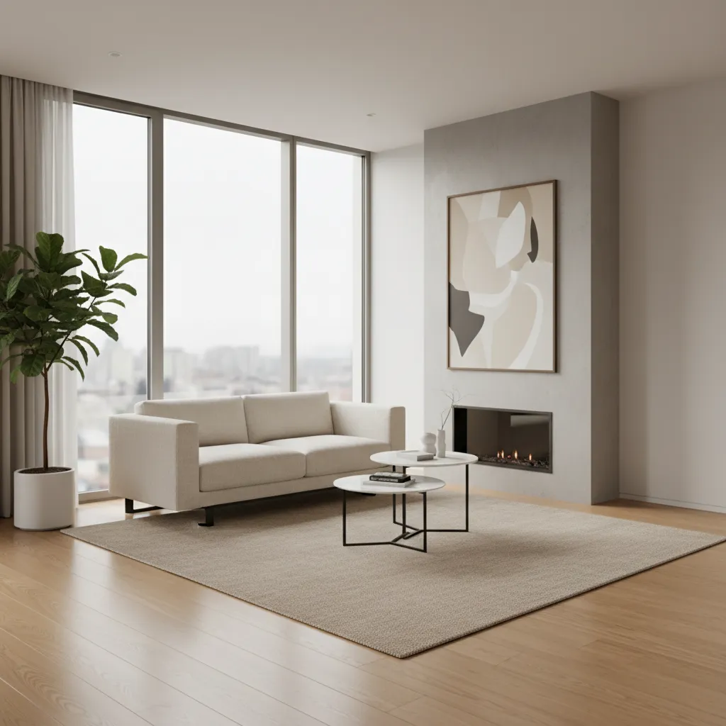 minimalist small luxury living room with neutral palette and large windows
