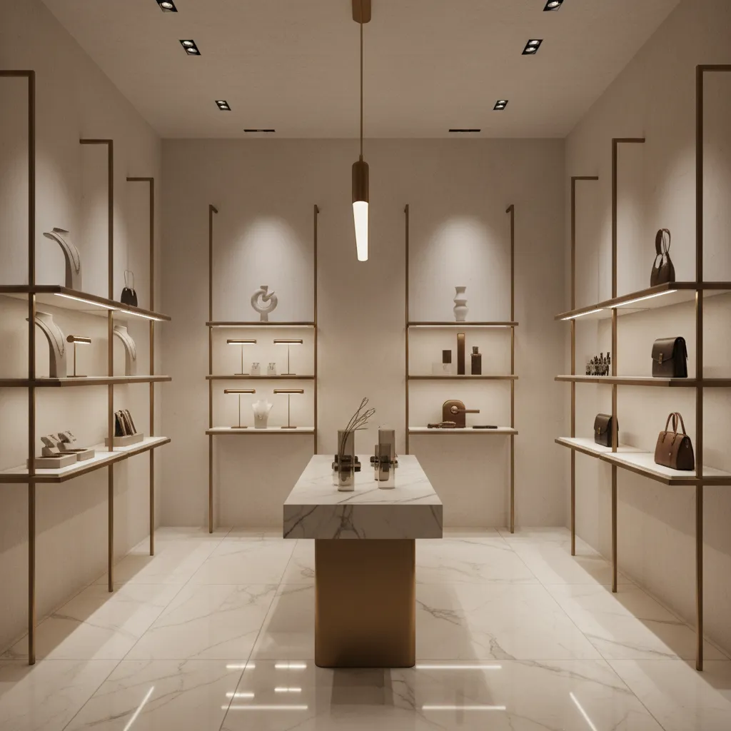 Pequeña tienda de lujo con iluminación dramática y diseño minimalista