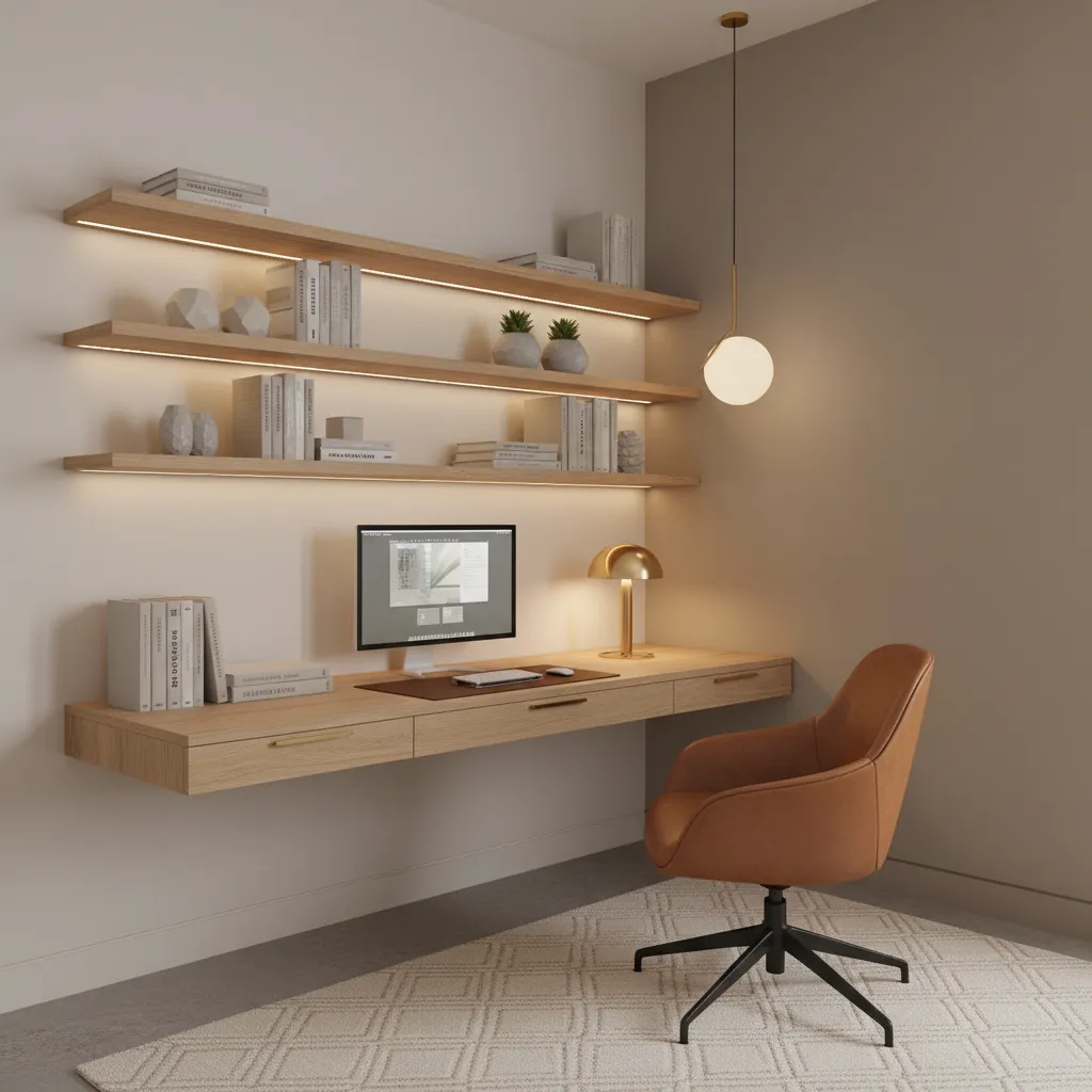Compact luxury study room with desk shelving and neutral tones