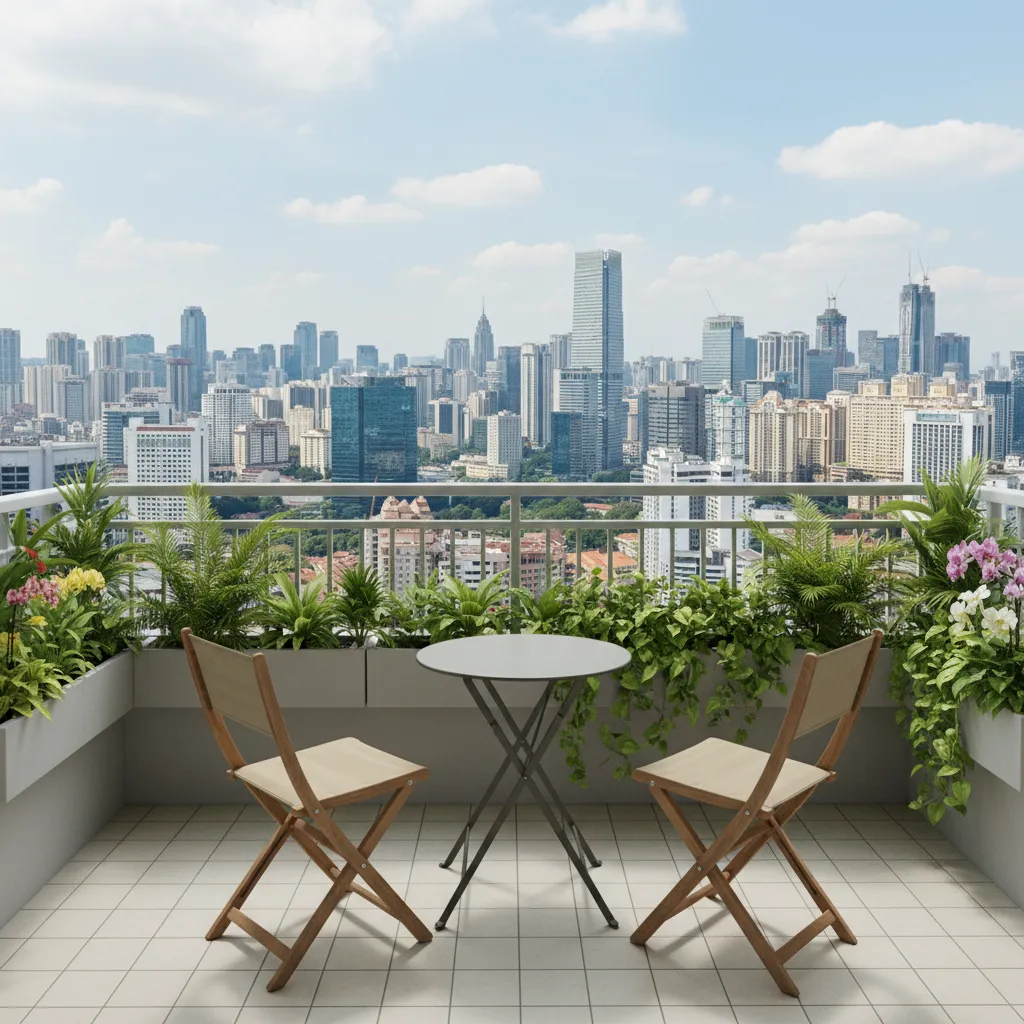 Compact Malaysian condo balcony with minimal furniture and plants