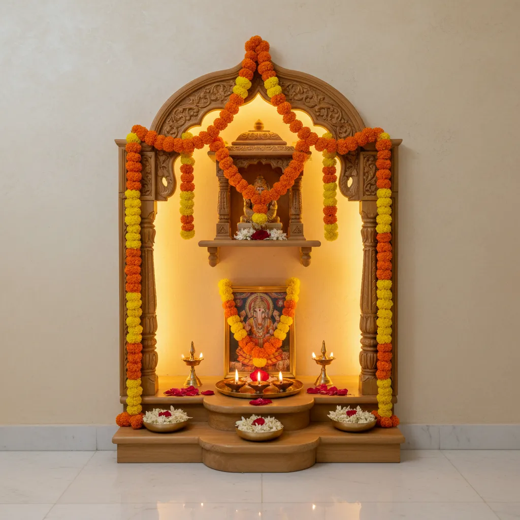 Small home mandir decorated with flowers for Satyanarayan Pooja