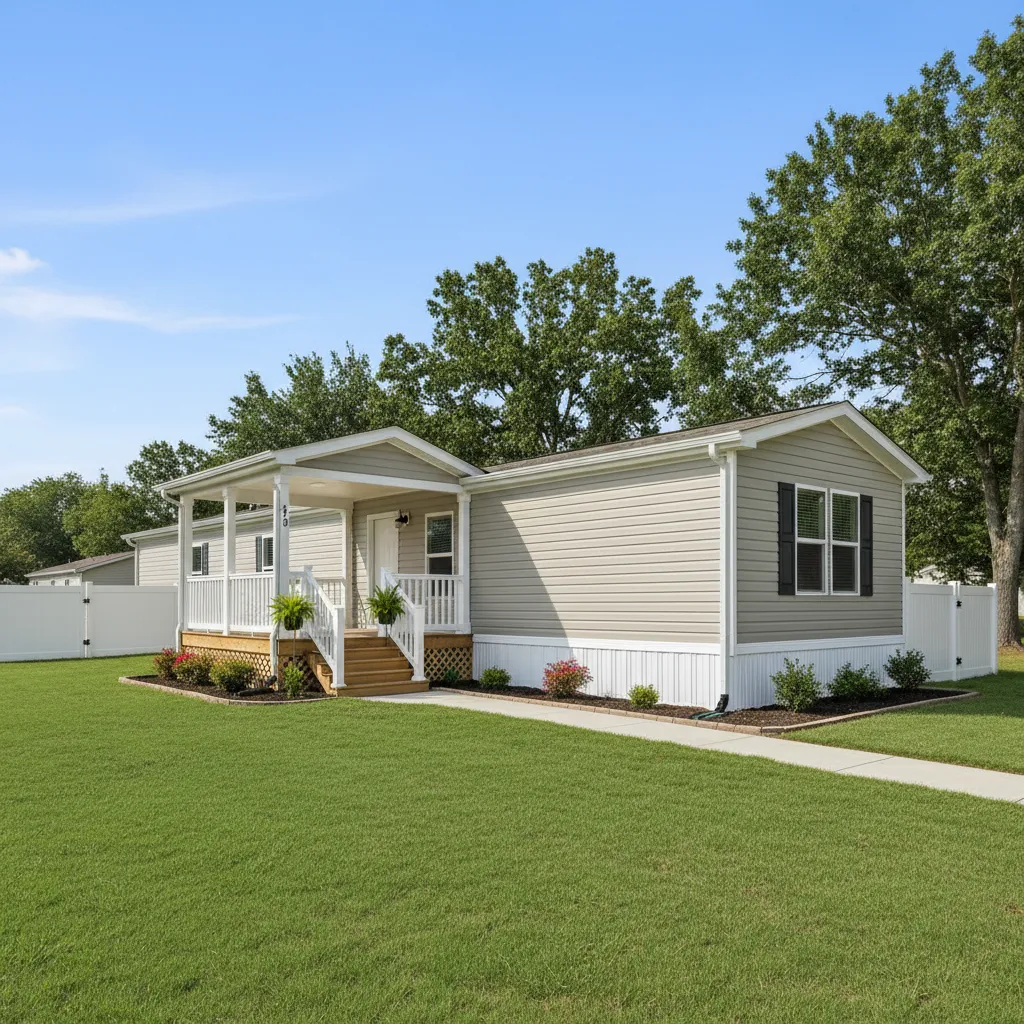 Small 800 sq ft manufactured home exterior on affordable land lot