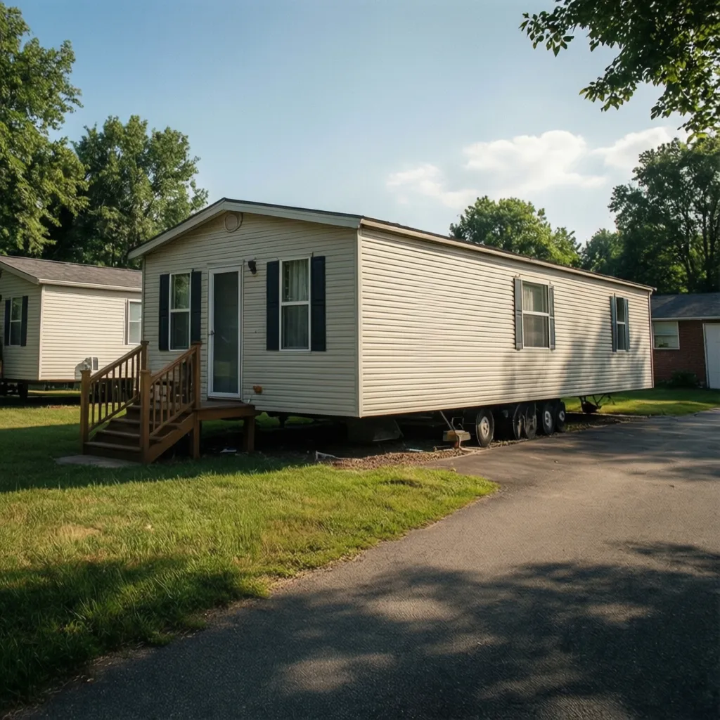 800 square foot manufactured home exterior with driveway and small yard