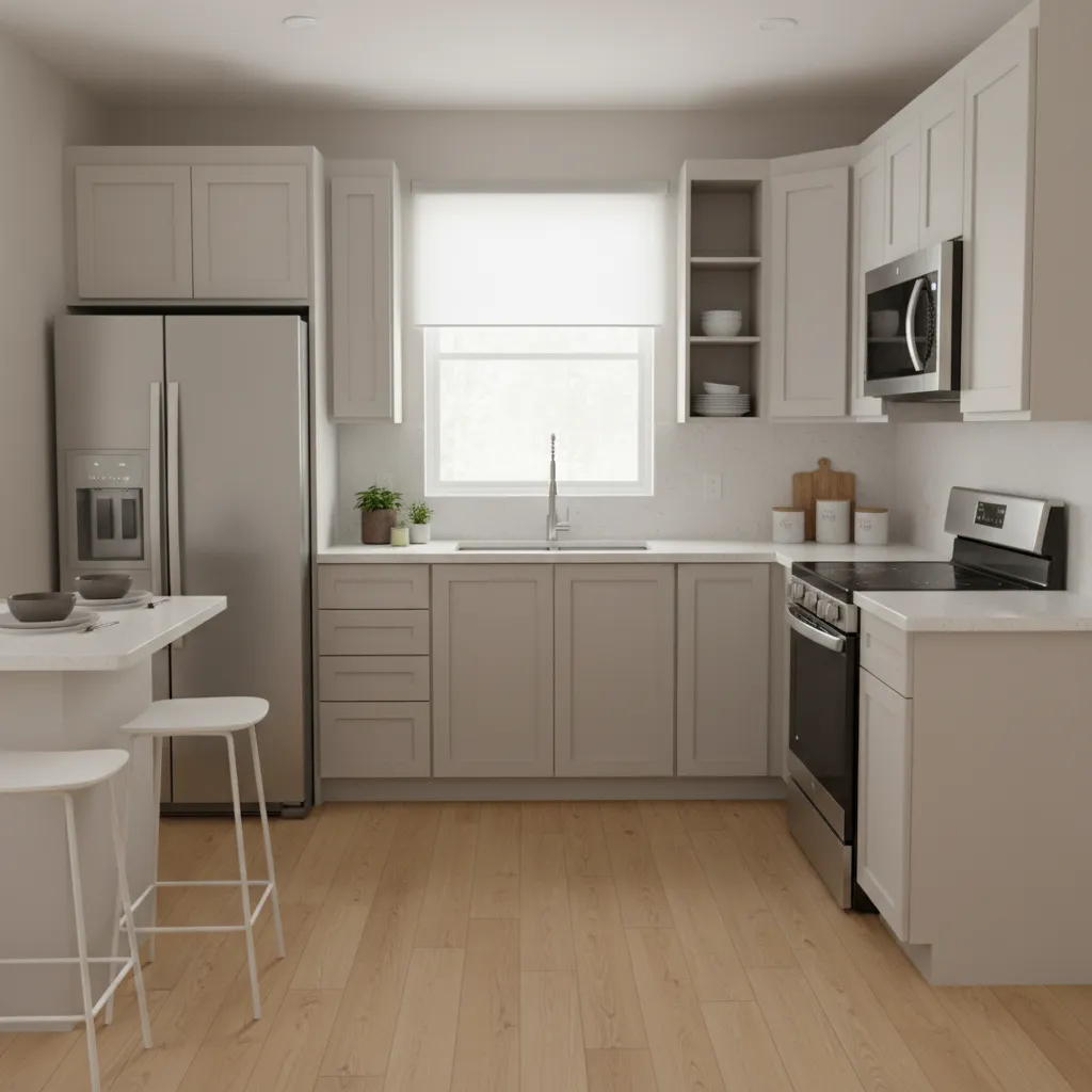 Compact manufactured home kitchen layout with efficient work triangle