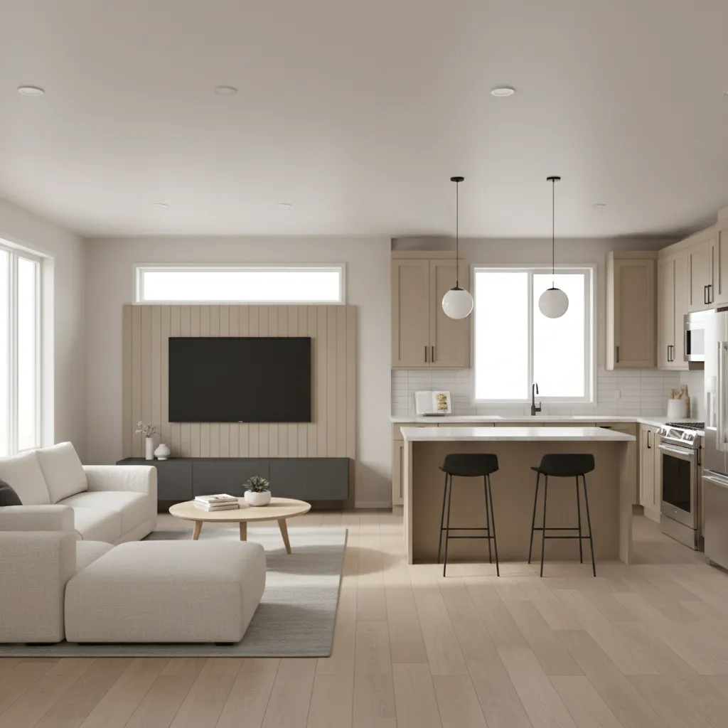 Open concept interior layout of a small manufactured home