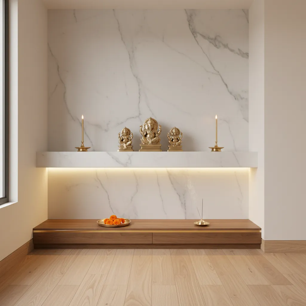 Small marble pooja room corner with floating shelf and brass lamps