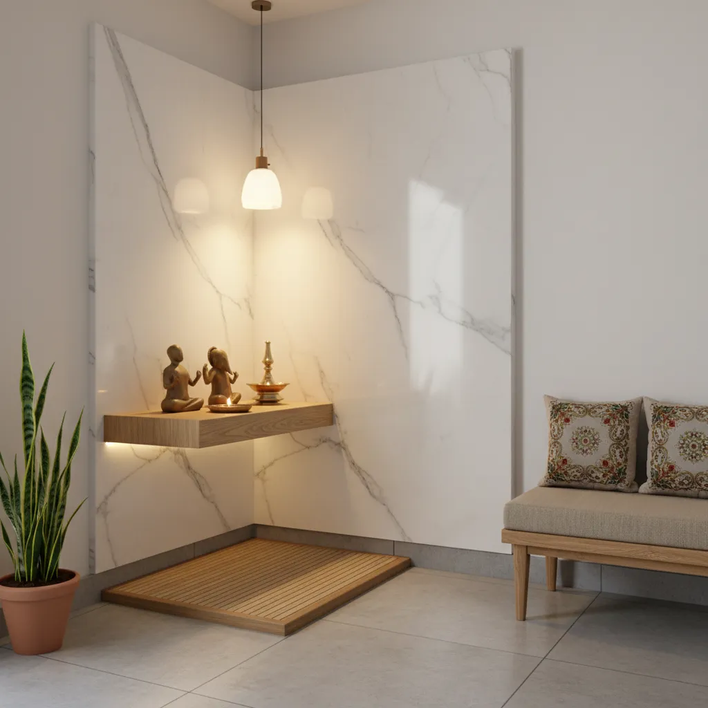 Compact marble pooja room corner with simple marble backdrop and idols