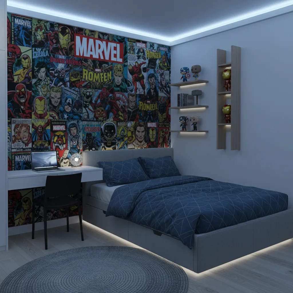 small Marvel themed bedroom with minimal decor and feature wall