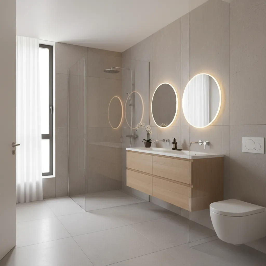 compact master bedroom ensuite layout with glass shower and vanity