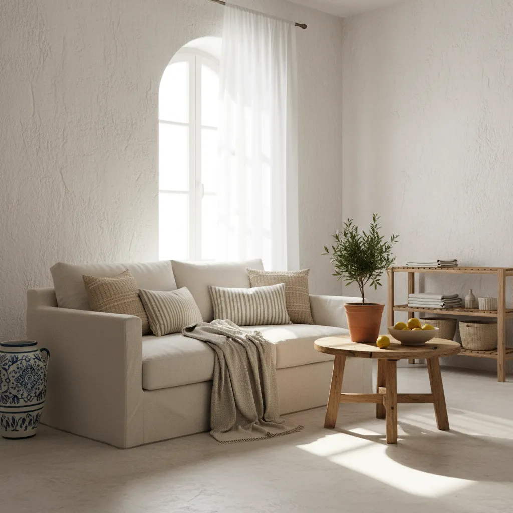 Cream sofa with striped pillows near a wooden coffee table and arched window with curtains