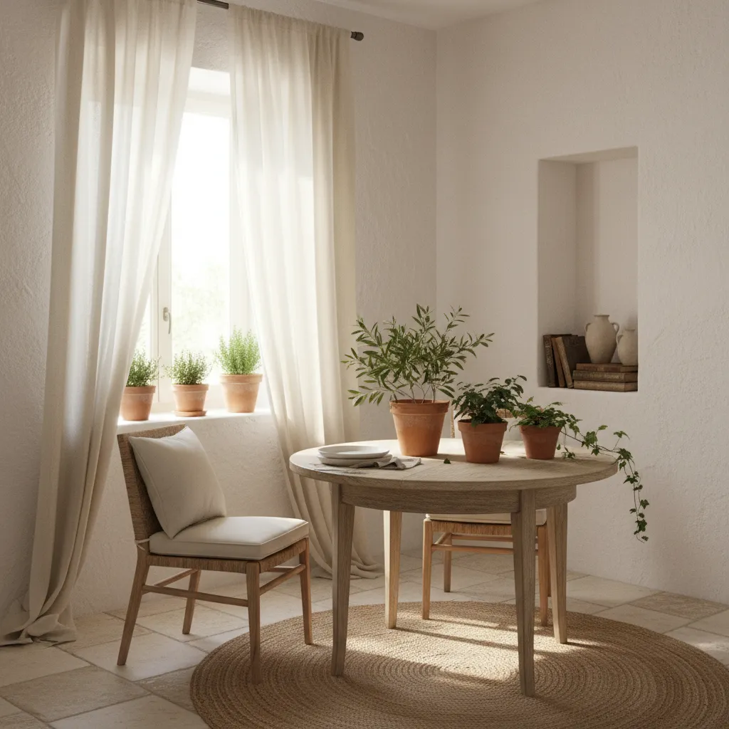 Bright Mediterranean dining area with round wood table white curtains potted plants and a rug