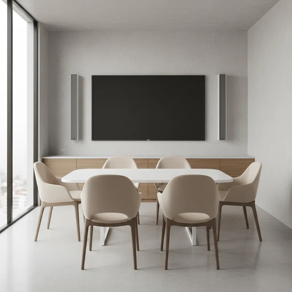 Compact conference room with screen and properly positioned speakers