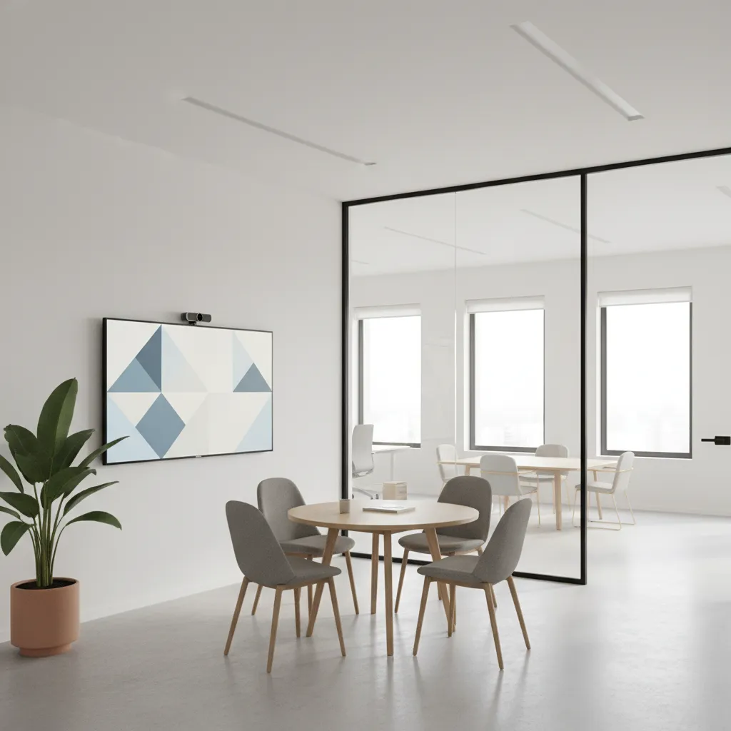 compact office meeting room with four seats and wall display