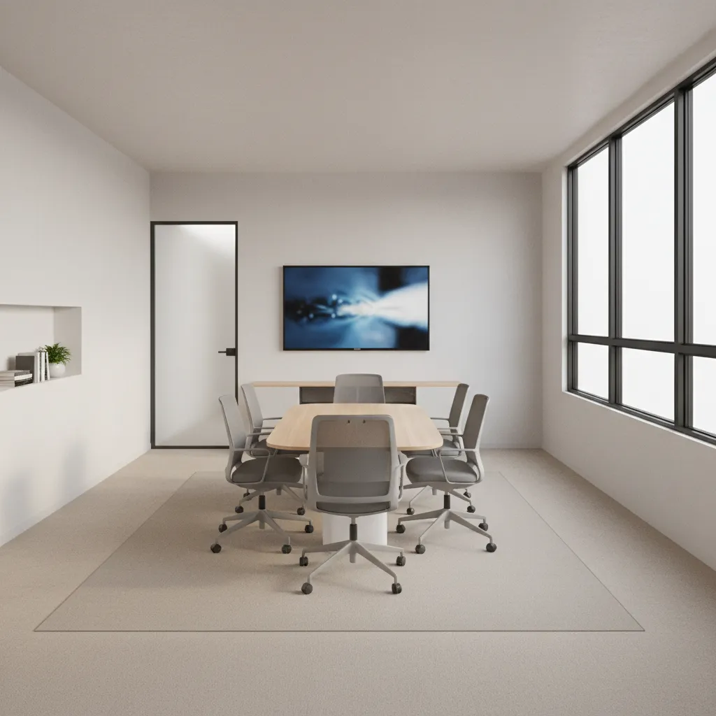 Small conference room with efficient seating flow and clear walking paths