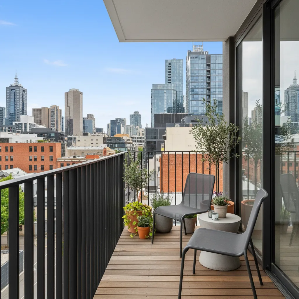 Compact Melbourne apartment balcony with seating and plants