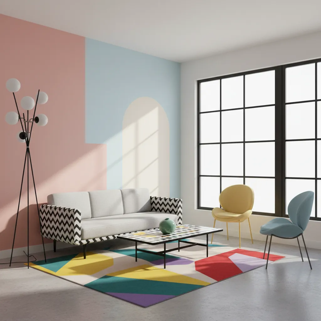 Compact Memphis style living room with geometric furniture and colorful accents