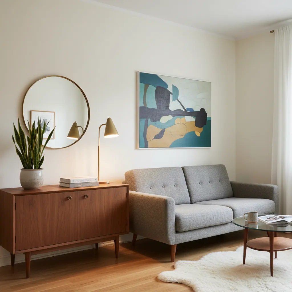Apartamento pequeño decorado con estilo mid century