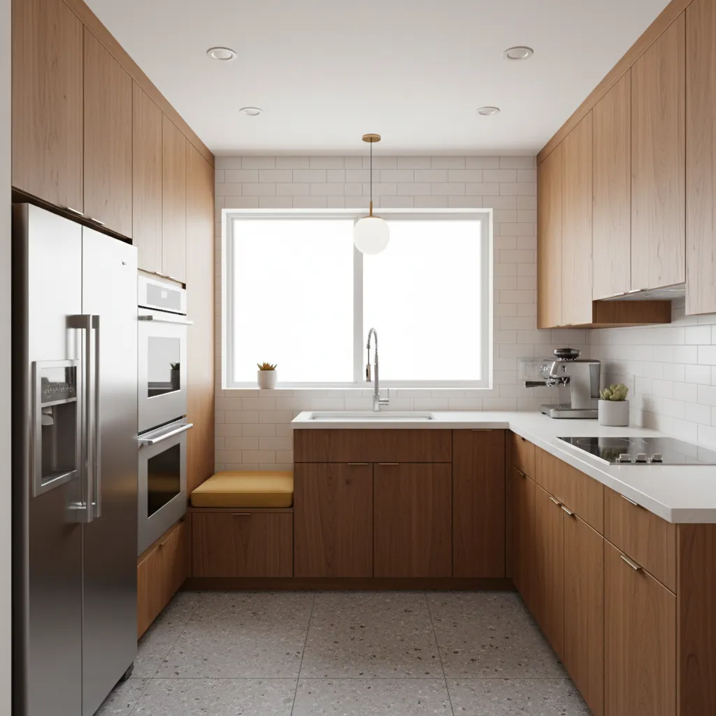 small mid century kitchen optimized with compact appliances and efficient layout