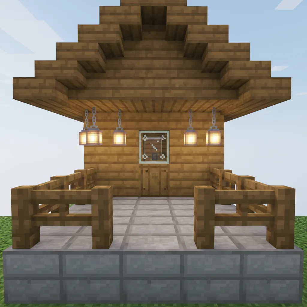 Compact Minecraft balcony built with slabs fences and lanterns