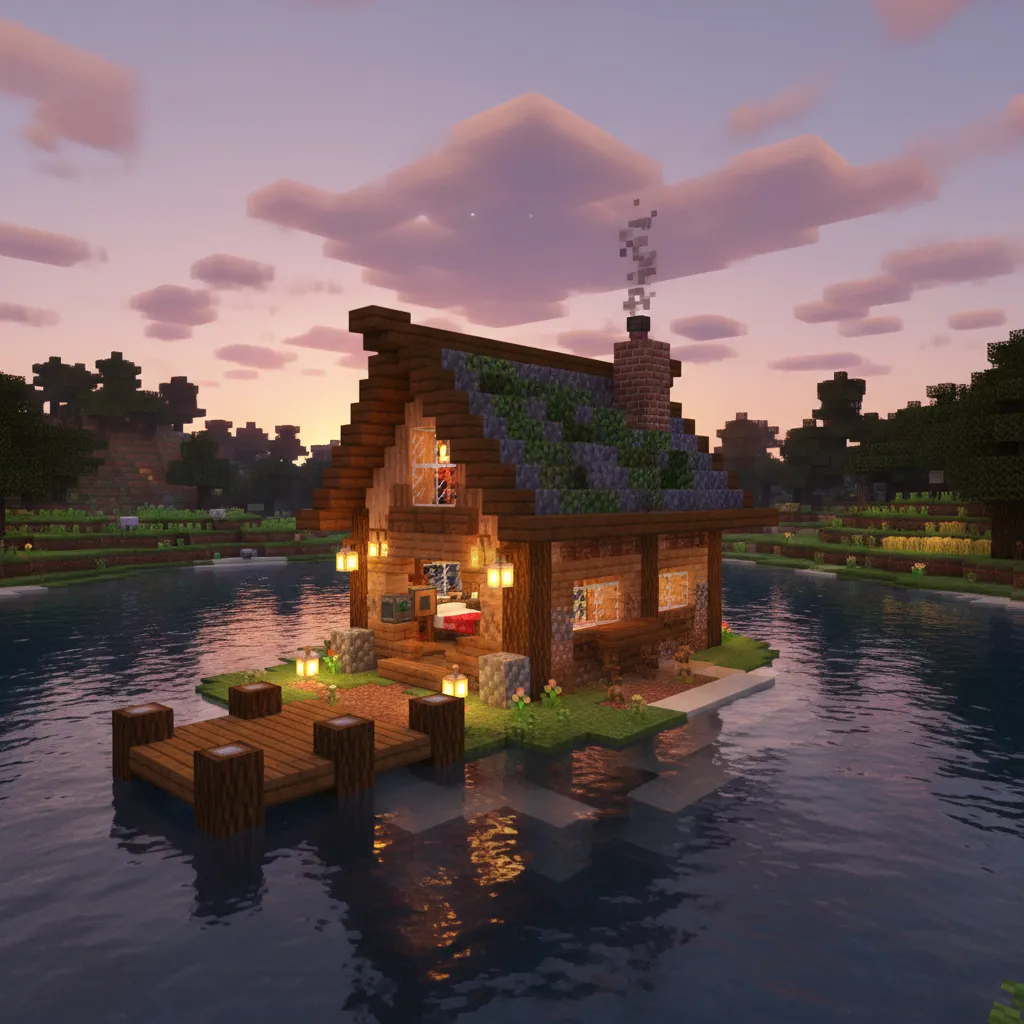 Casa pequeña de Minecraft junto a un lago