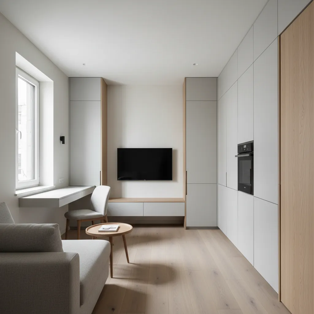 Small apartment interior with gray sofa wall mounted television white storage cabinets and wooden flooring