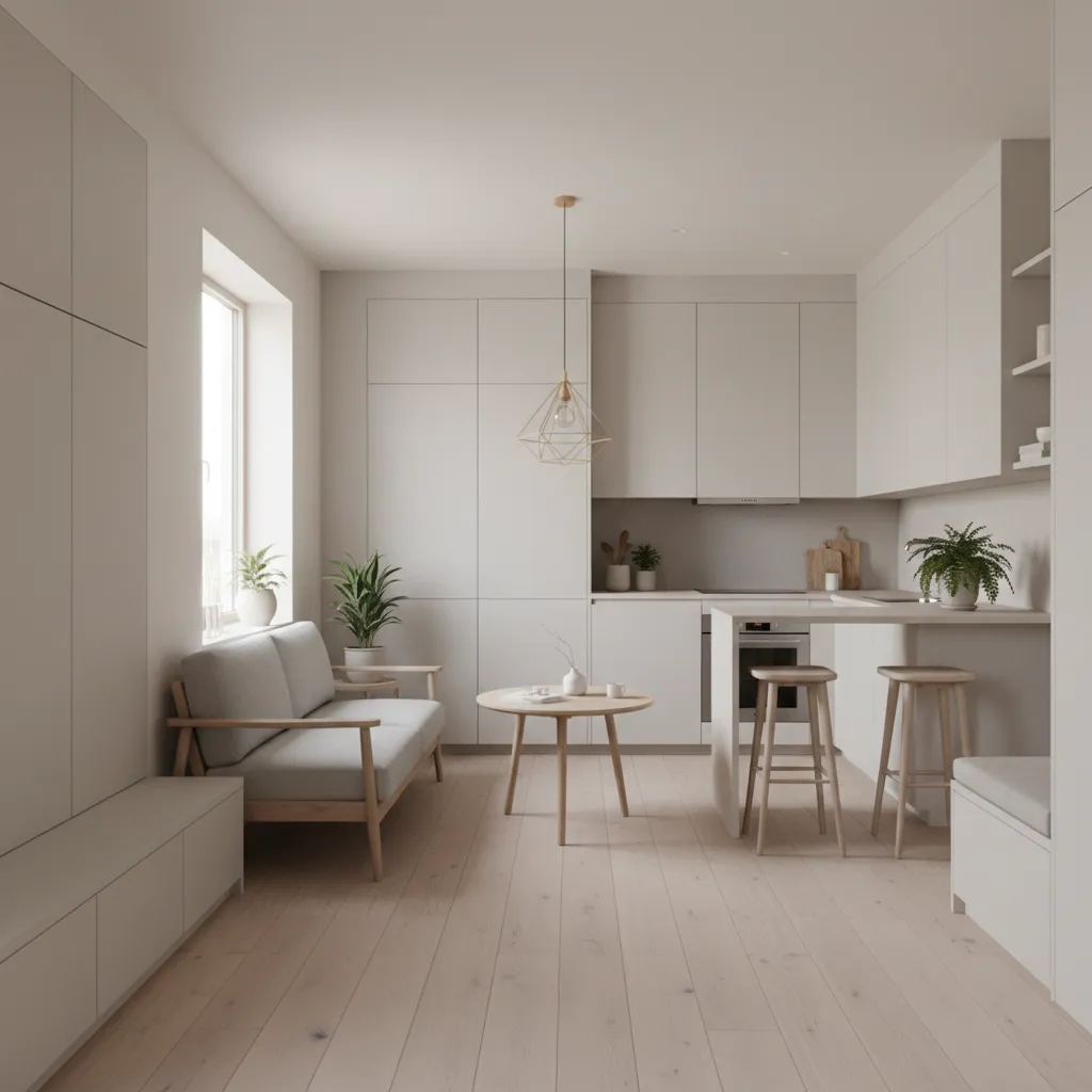 Interior de casa minimalista pequeña con diseño eficiente