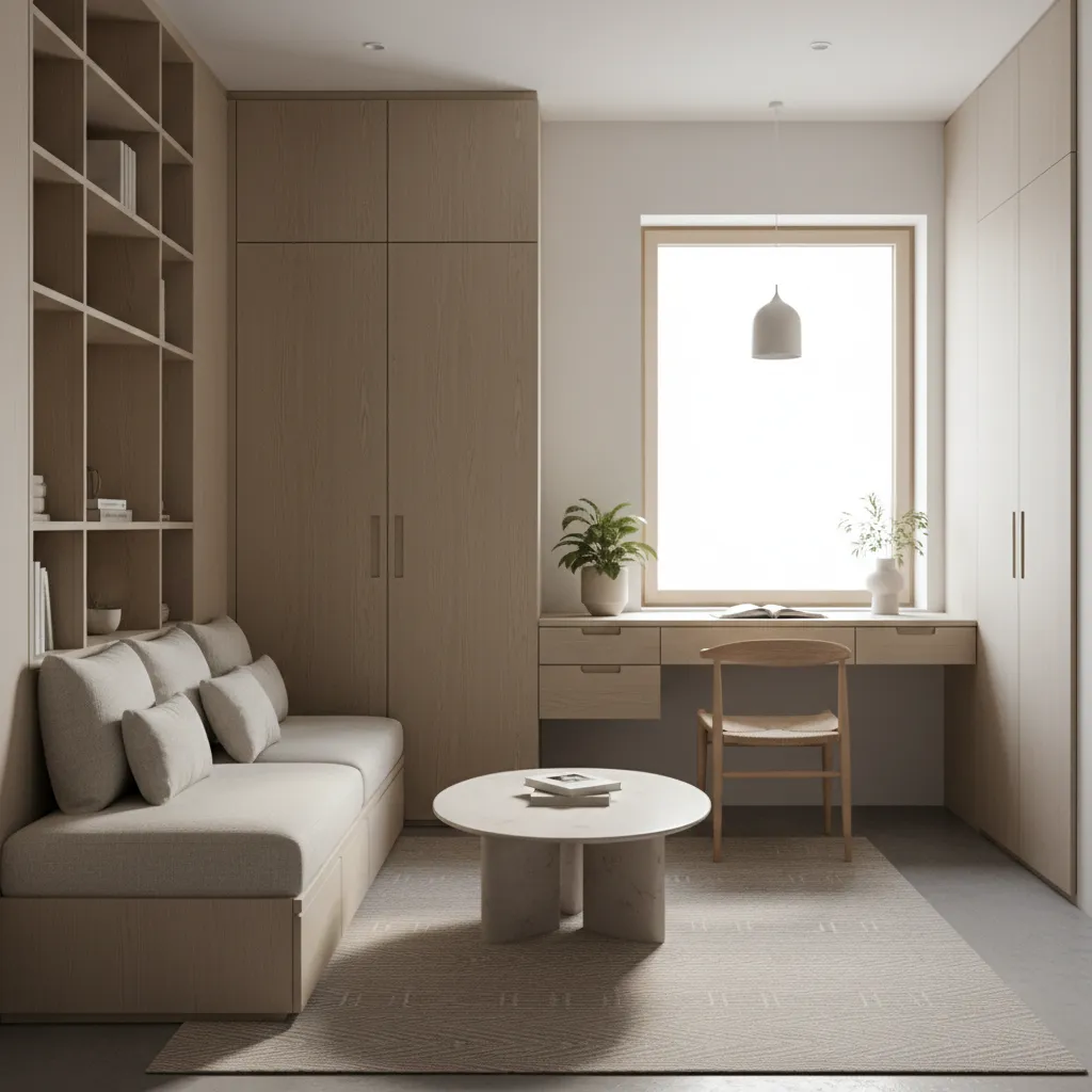 Small minimalist room with light wood cabinets built-in sofa desk chair rug and round table