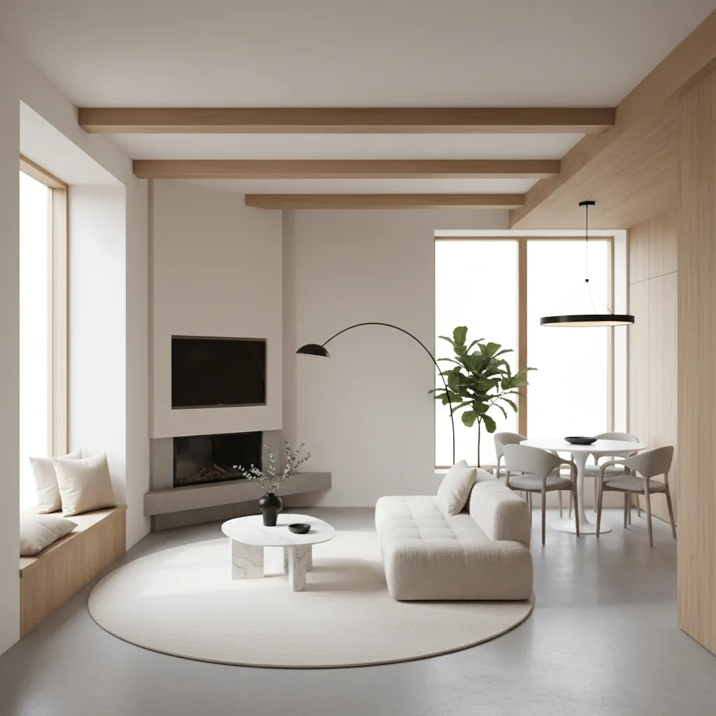 Interior amplio de casa minimalista pequeña con grandes ventanas