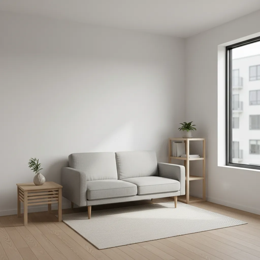 Small minimalist living room using IKEA furniture with neutral palette and compact sofa