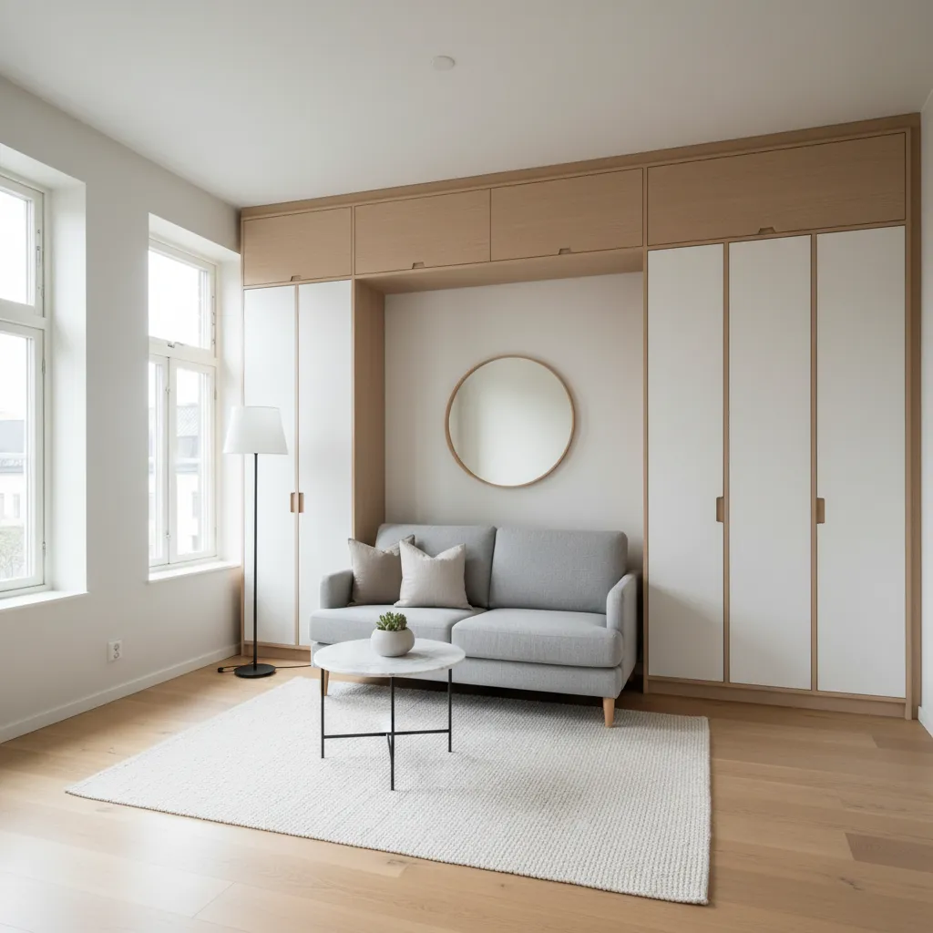 Salón pequeño minimalista bien organizado con almacenamiento integrado
