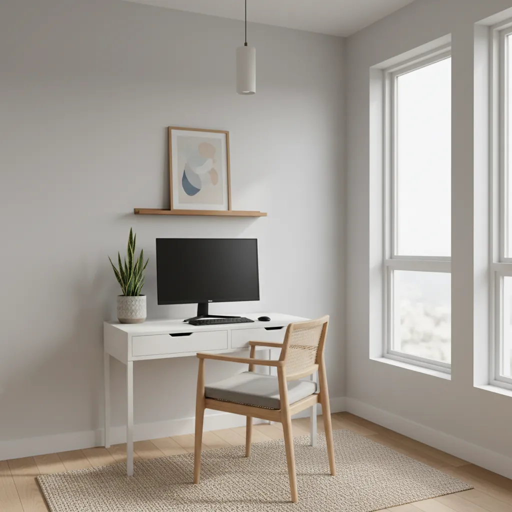 Small modern workspace with white desk wooden chair black monitor rug and window providing light