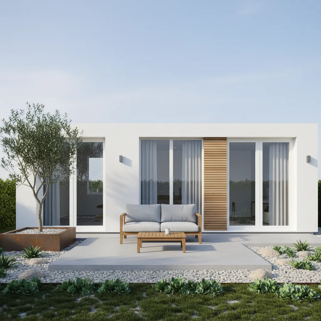 Minimalist white house with grey sofa and wooden table on stone patio with a tree