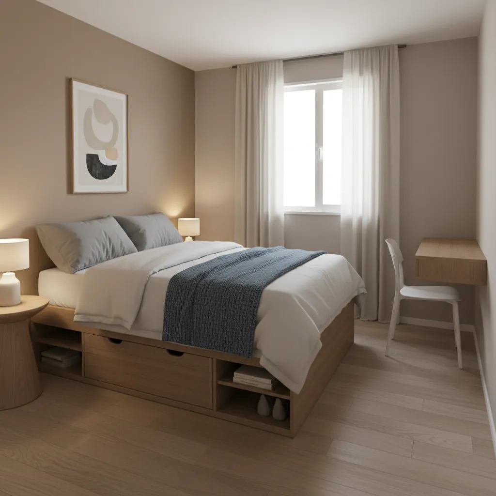 Compact bedroom design inside a small manufactured home