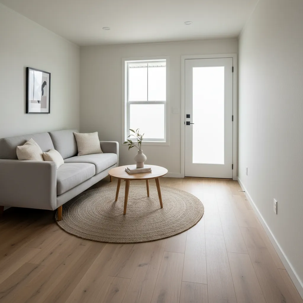 Small manufactured home living room layout with visible traffic flow