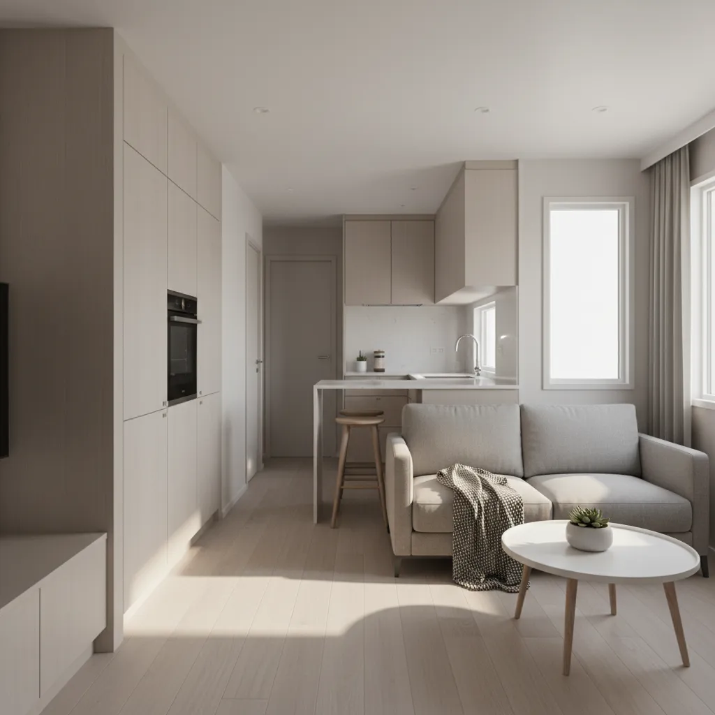 Open layout interior of a compact mobile home showing efficient furniture placement