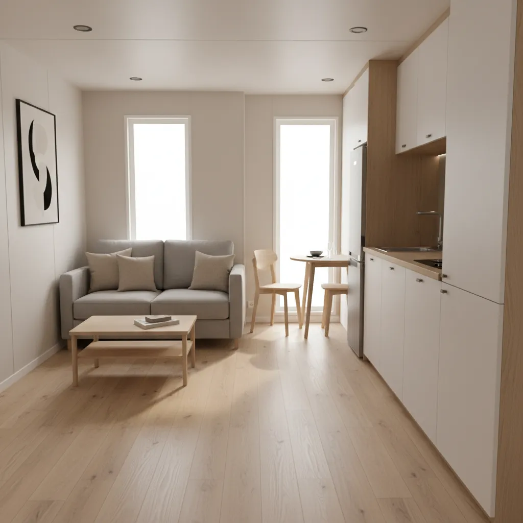 Compact 460 sq ft mobile home open layout with small living area and kitchen