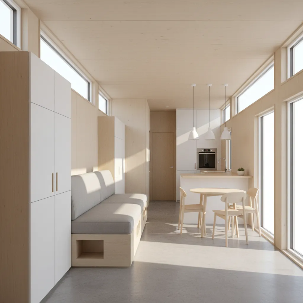 compact mobile home interior with built in storage and multifunction furniture