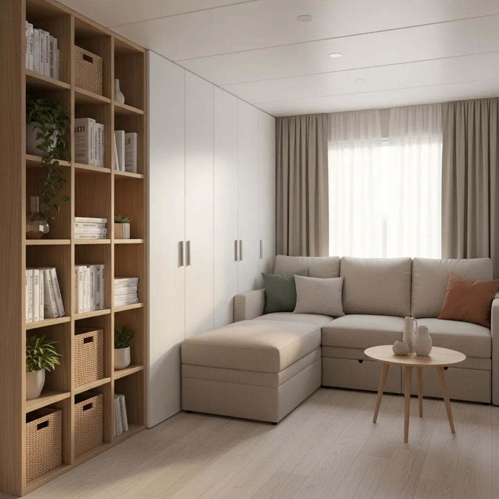 Vertical storage solutions inside a small mobile home living area