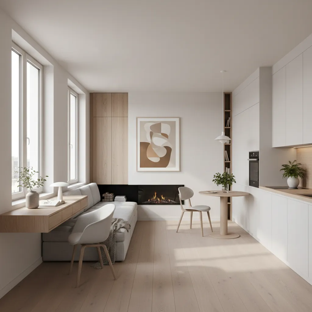 Studio room with grey sofa wooden desk fireplace small dining table and white kitchen design