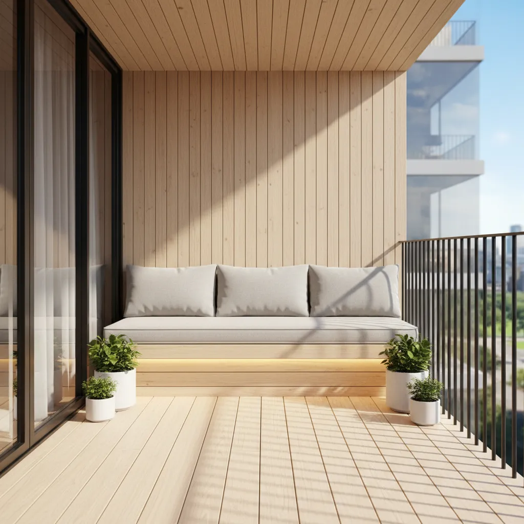 small modern balcony with bench seating and plants