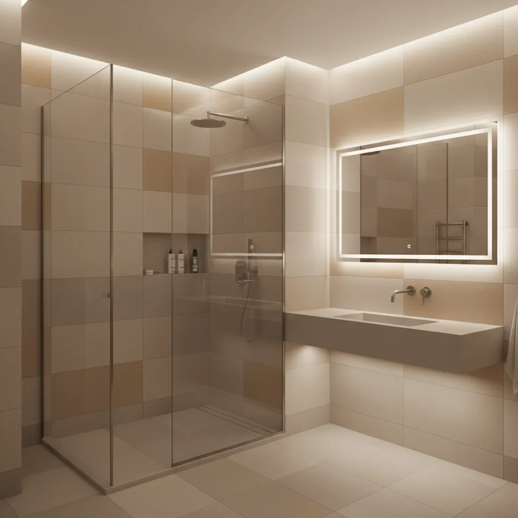 baño moderno compacto con ducha y lavabo
