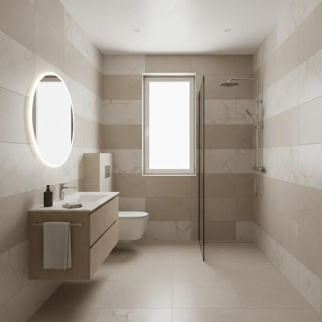 Compact modern bathroom design with efficient layout and neutral materials