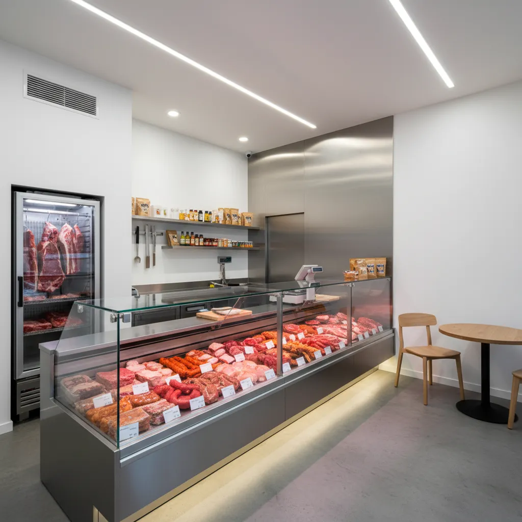 Small butcher shop with glass display counter, hanging meat, wooden chair, table, and strip lighting