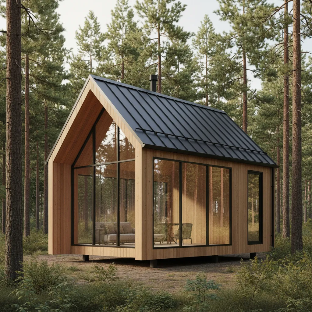 small modern cabin with black metal roof in forest setting