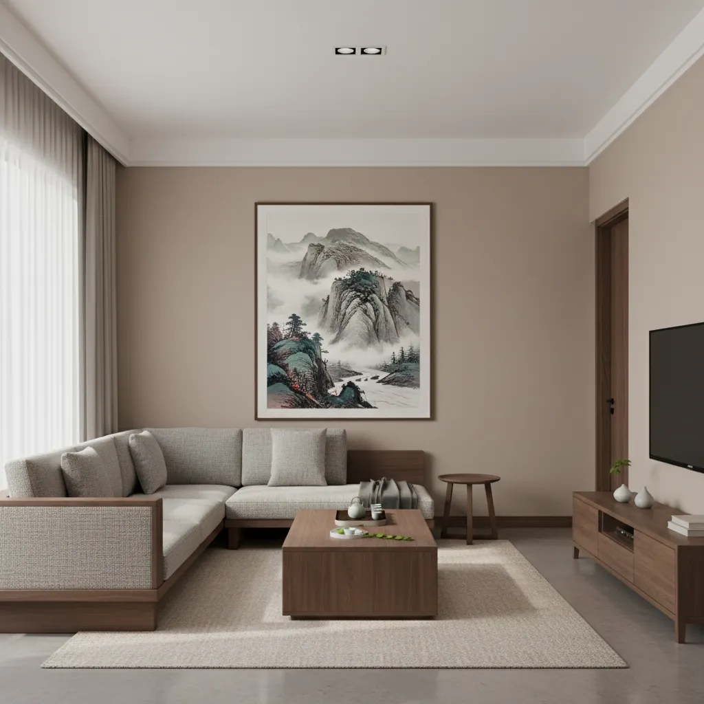Compact modern Chinese living room with neutral palette and wooden furniture